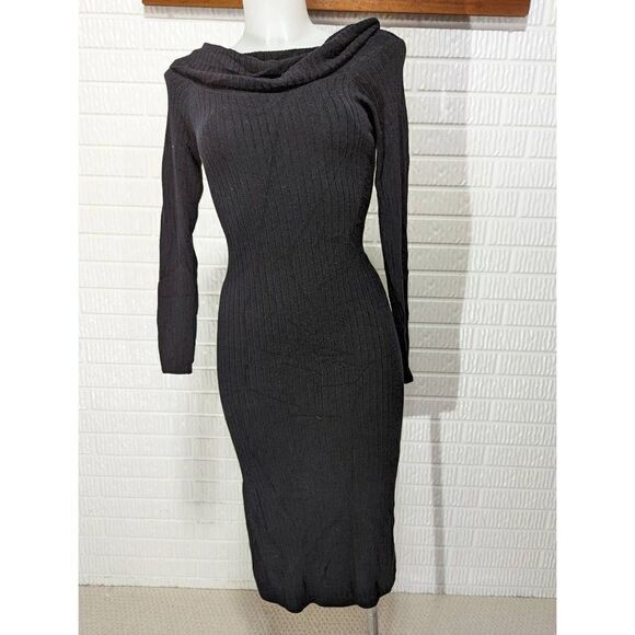 Jeannie Mai x INC Womens Knit Dress Long Sleeve Midi Cowl Neck Black Size PS NWT - Picture 1 of 6